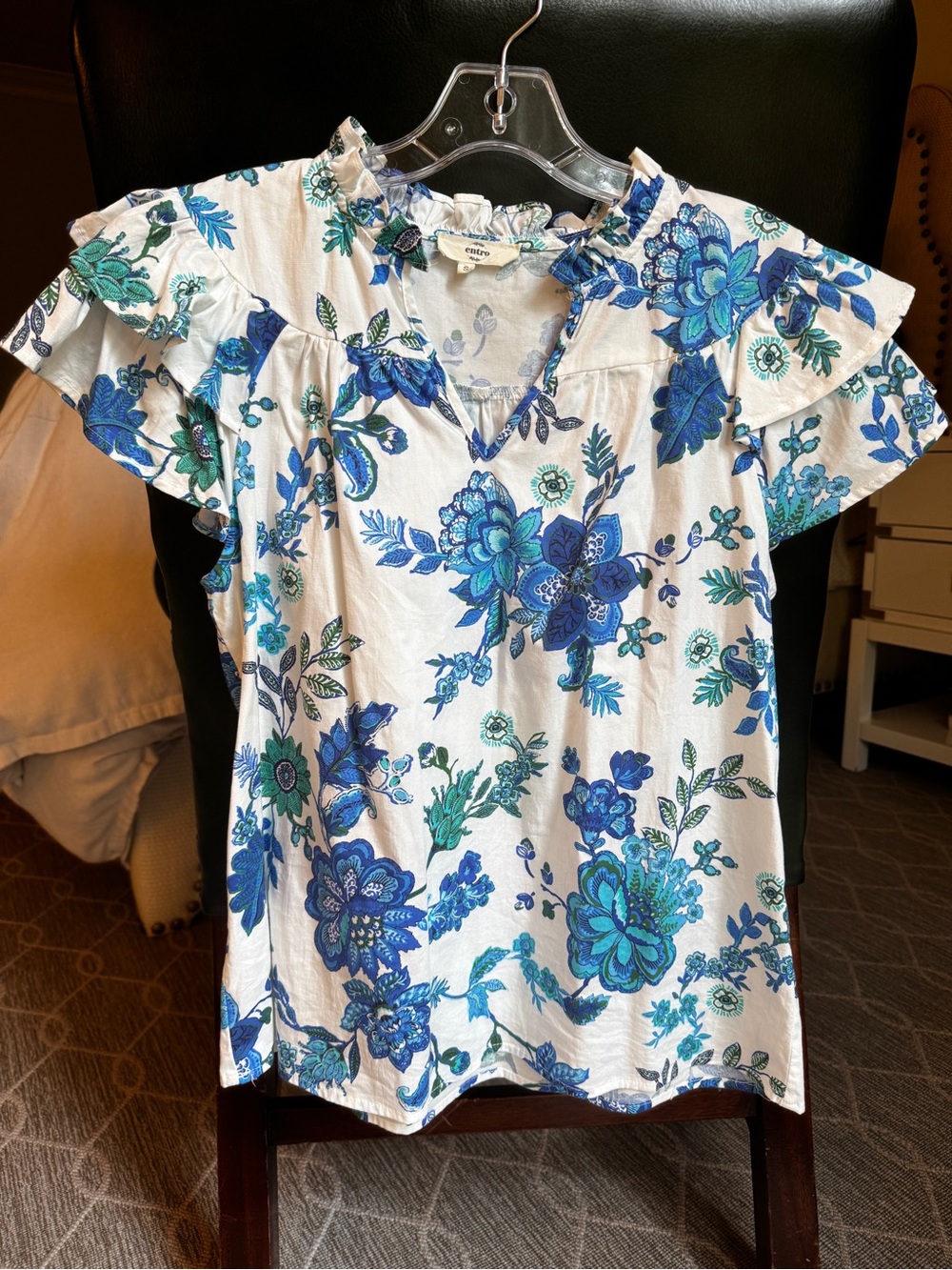 entro White Floral Ruffle Sleeve Top with Blue & Teal Print